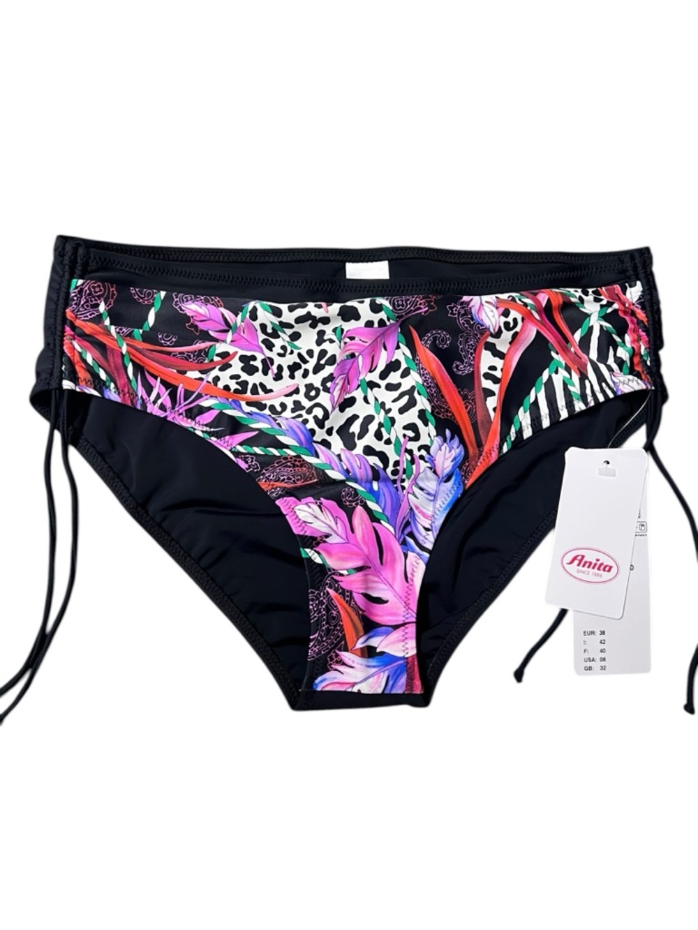 New Anita Nina Black Bikini Bottom with Pink & Multicolor‎ Tropical Print